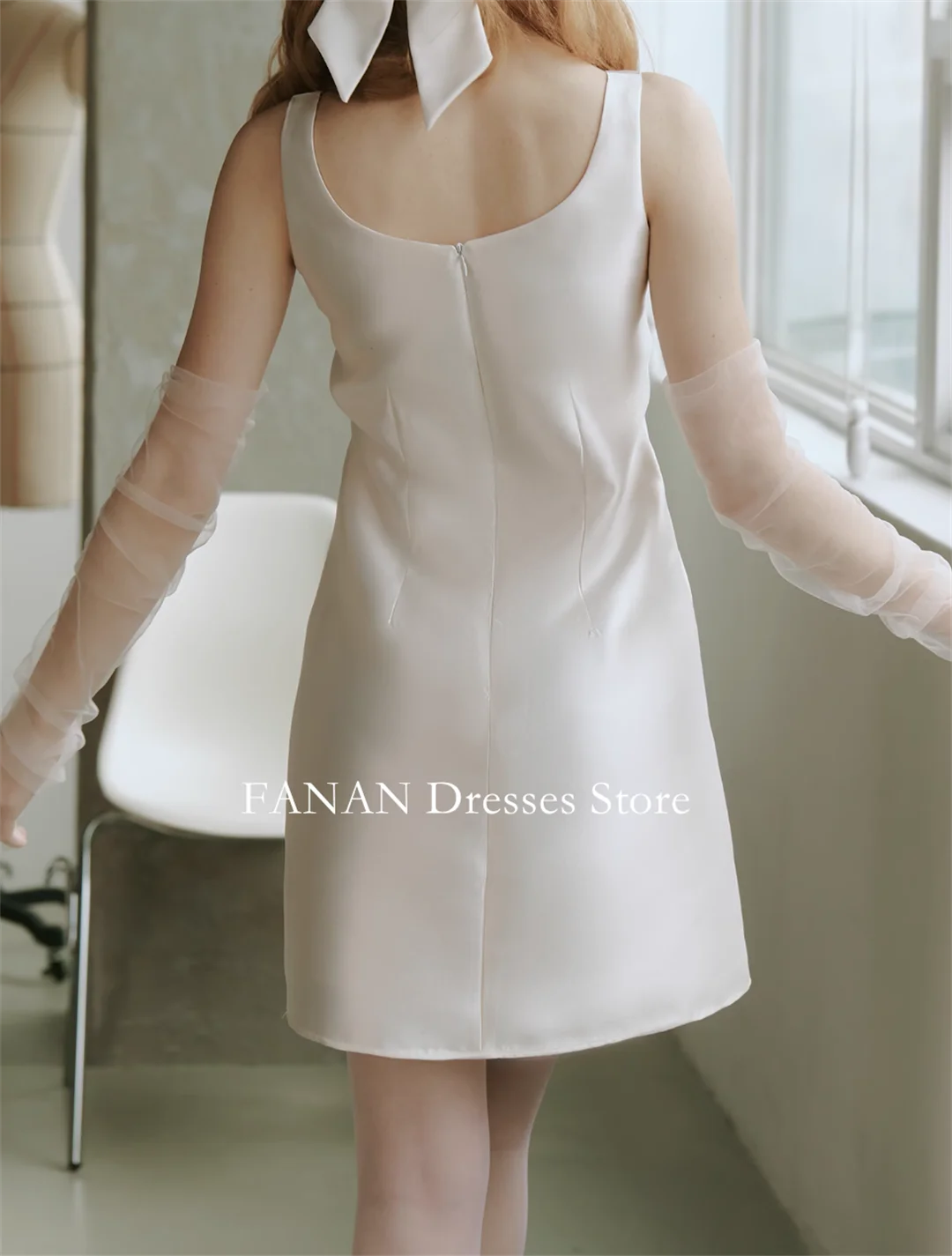 فساتين زفاف FANAN Korea برقبة على شكل حرف U بسيطة عاجية فساتين زفاف مكشكشة مخصصة من الحرير والساتان فساتين عروس صغيرة بسحاب مقاس كبير #3