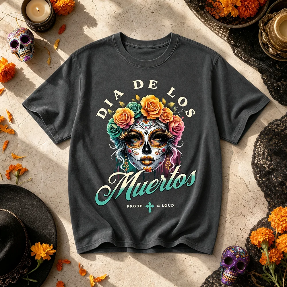 Unisex Day of the Dead Mexican Short Sleeve T-Shirt Breathable Catrina Floral Skull Vintage Gothic Parent-Child Matching Top