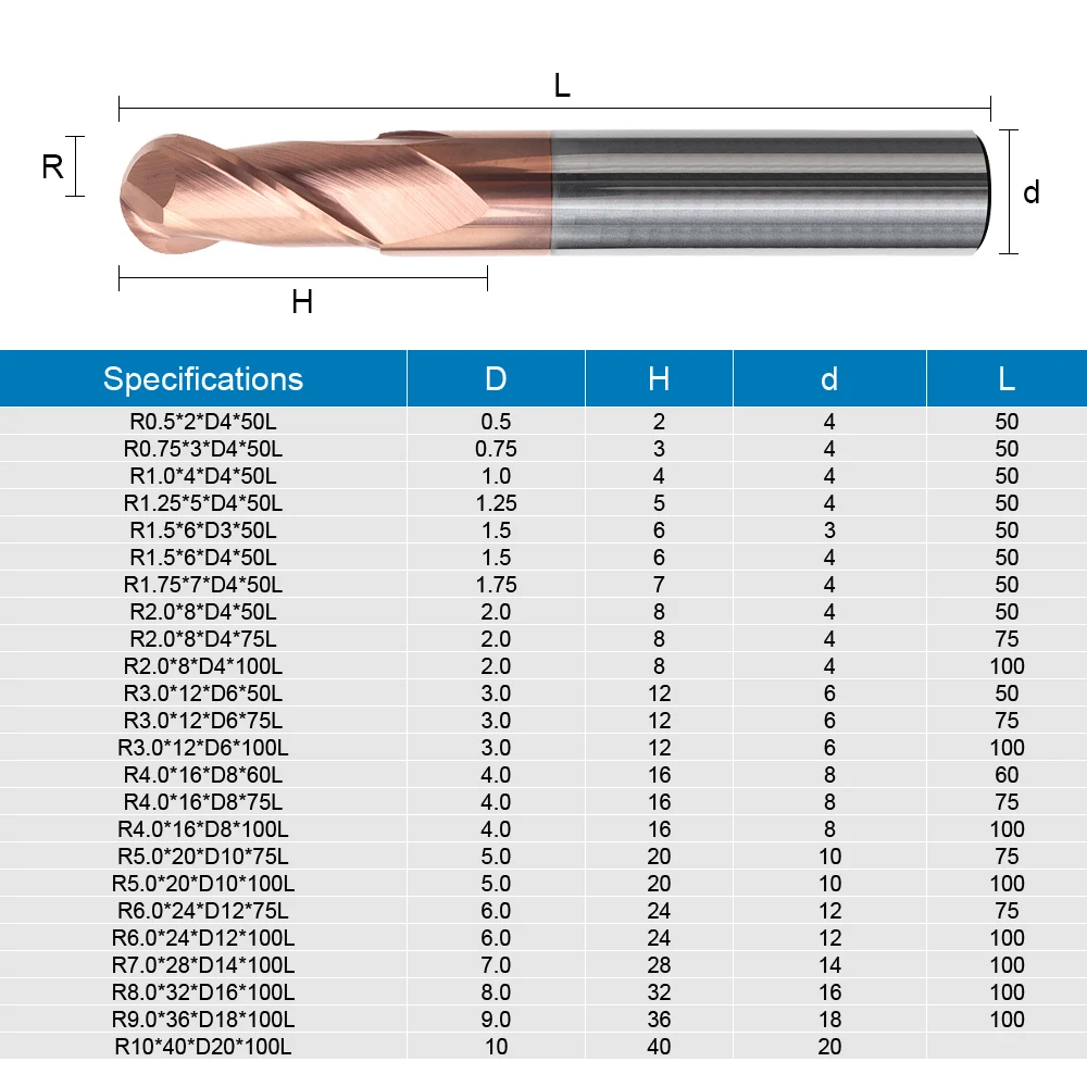 Imagem -03 - Ball Nose Milling Cutter Flauta Carbide End Mill R0.5-r6.0 Cnc Milling Tools Spiral Router Bit para Aço Metal Mehretu-hrc55