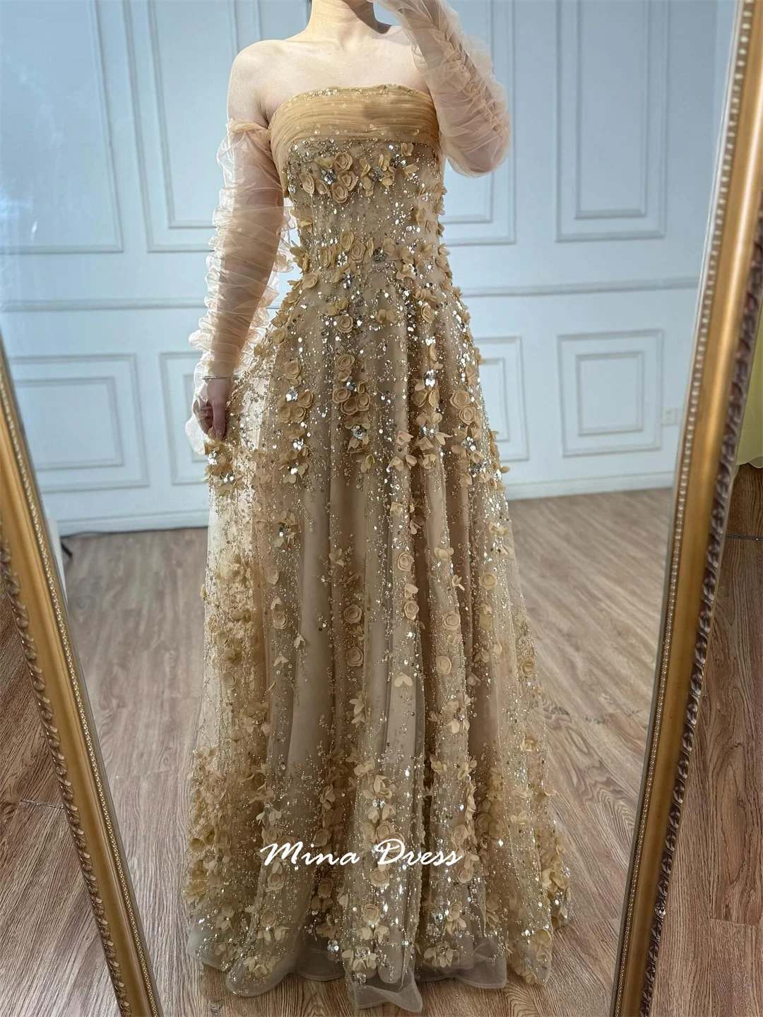 Mina Abiti eleganti da donna personalizzati con fiori 3D per occasioni speciali Perline Abito da sera arabo con top a tubo Abito da ballo di lusso