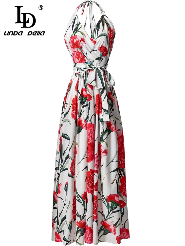 LD LINDA DELLA New 2023 Summer Fashion Women Beach Style Sexy Backless Long Dress Hanging Neck Floral Printing Belt Slim Dress