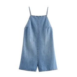 Summer New Blue Fashionable Versatile Loose American Retro Open Back Strap Pure Cotton Denim jumpsuit