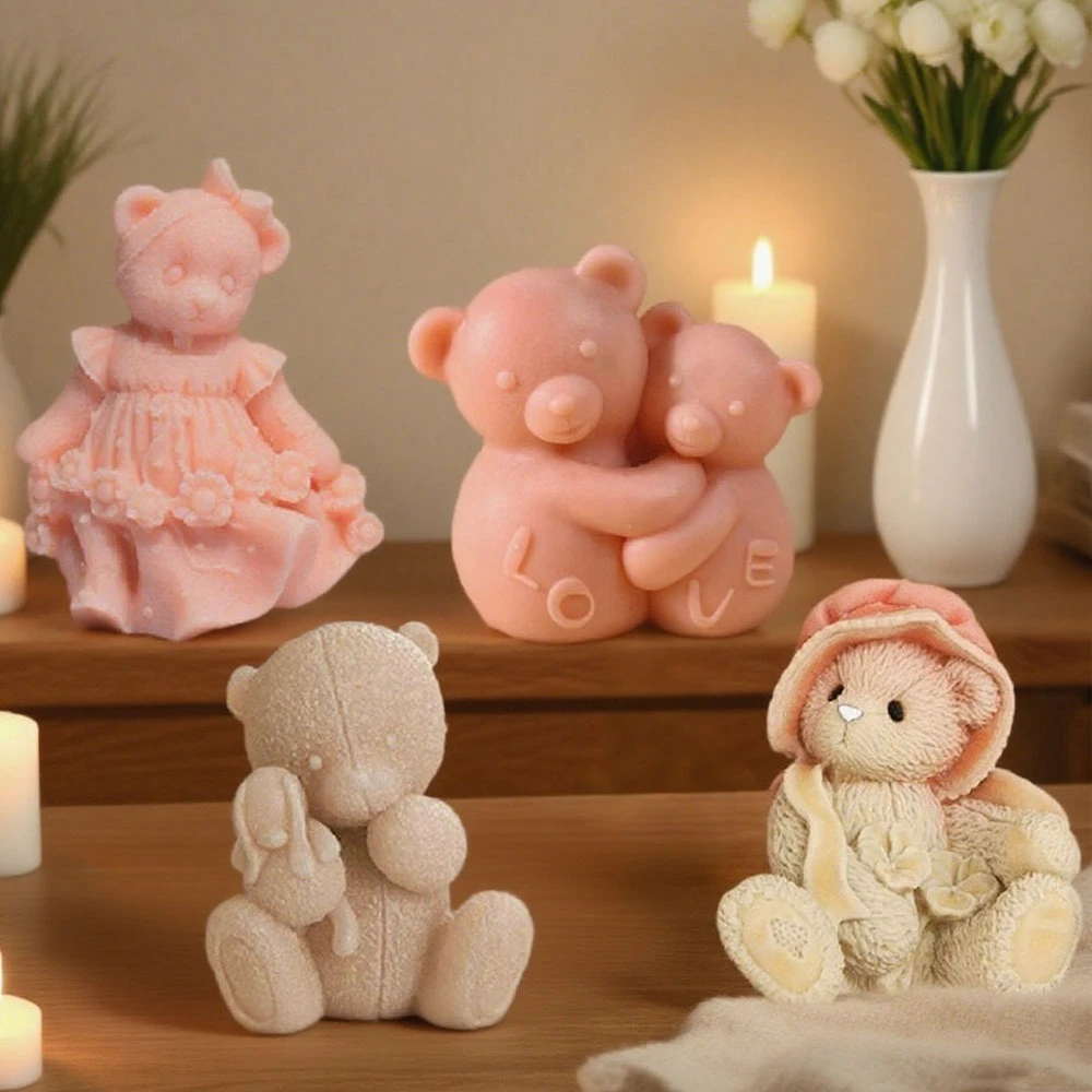Hand Hold Rabbit Teddy Bear Scented Candle Silicone Molds DIY Wear Skirt Hat Animal Gypsum Resin Desktop Decor Handmade Souvenir