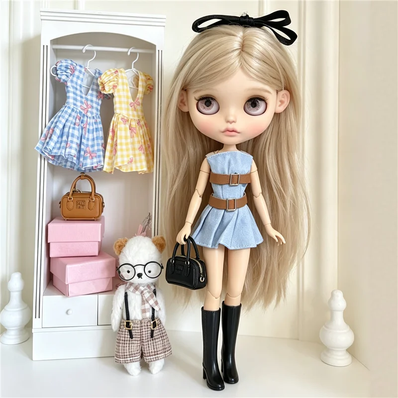 For Blythe Doll Outfit Clothes Luxury Checkered Coat Dress Set Sweet Princess Bowknot Skirt Clothing For Barbies OB24 Small 1/6
