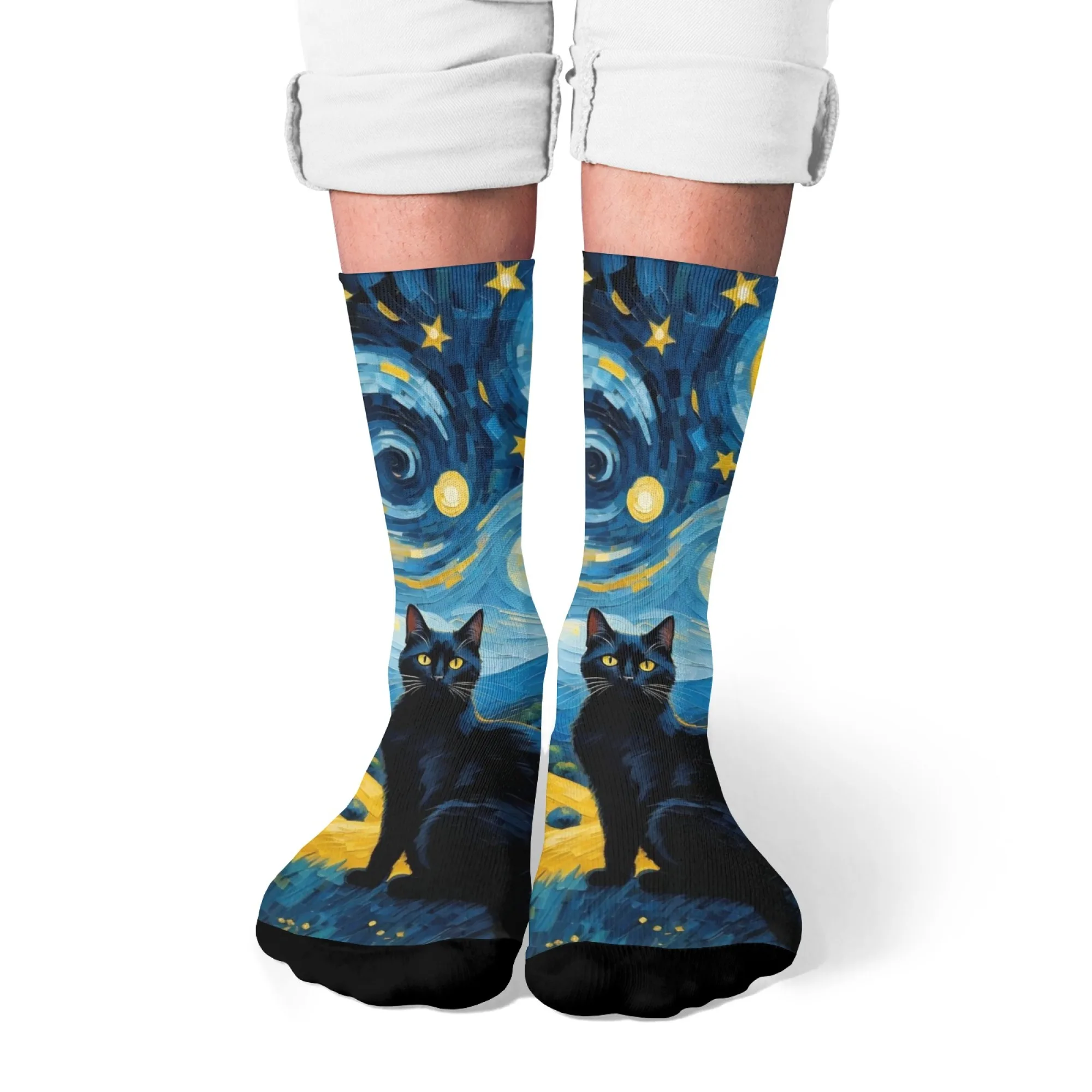 Unisex Minimalist Black Cat Starry Socks Van Gogh Inspire The Starry Night Subtle Print for Artist Wardrobes & Daily Wear