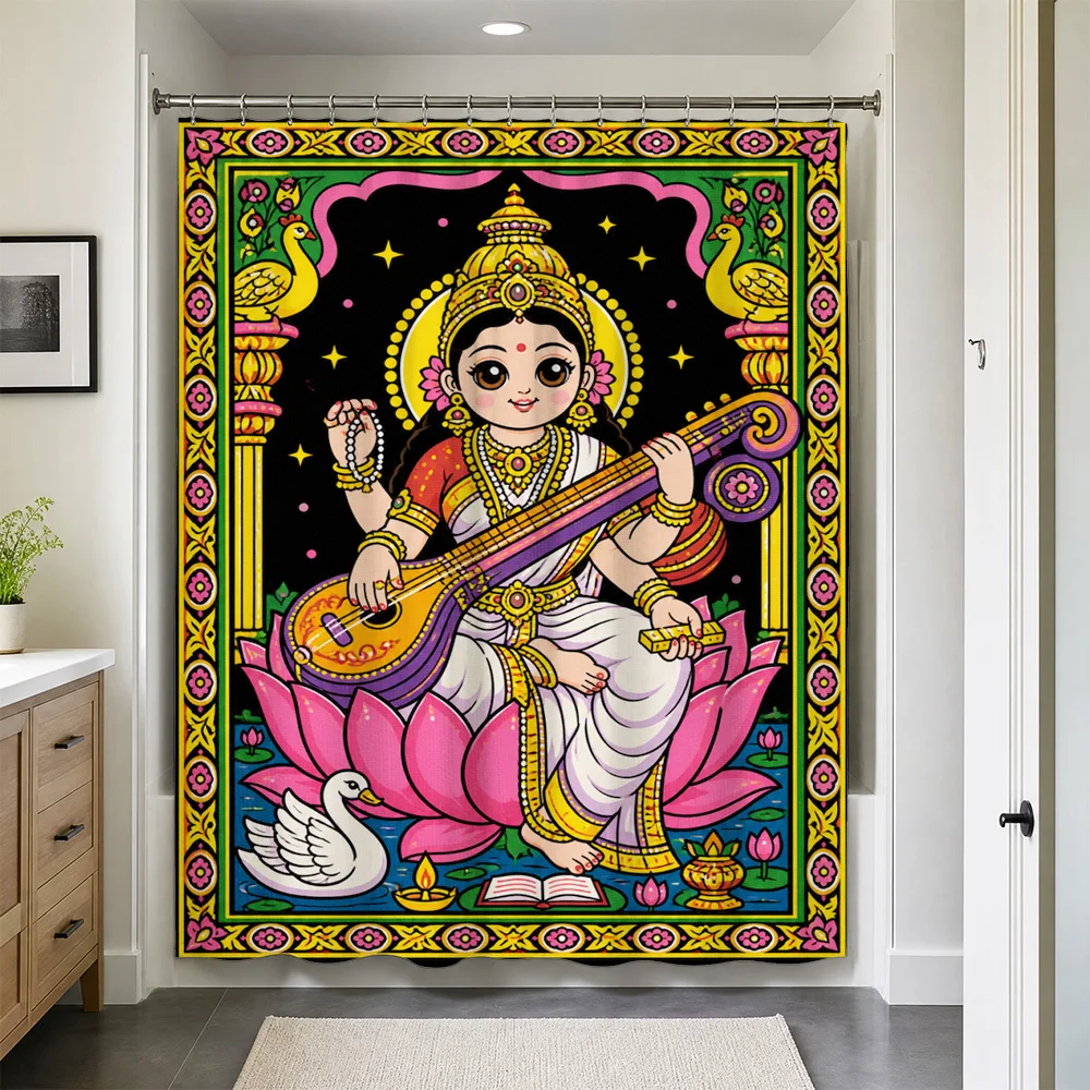 Waterproof Boho Shower Curtain Liner Spiritual Hindu Goddess Art Divine Indian Lotus Decor Bathroom Curtain Abstract Mural Desig