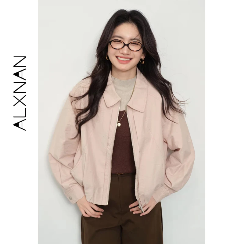 

ALXNAN Pink Short Jacket Women 2025 Fall Loose-fit Lapel Zipper Jacket Casual Fashion Elegant Long Sleeve Coats Female VL56722