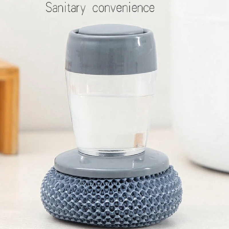 Soap Dispenser Brush For Kitchen Sink Pot Oven Dish Scrubber With Holder Push-Type Liquid Adding PET Wire Ball Pot Brush Durable