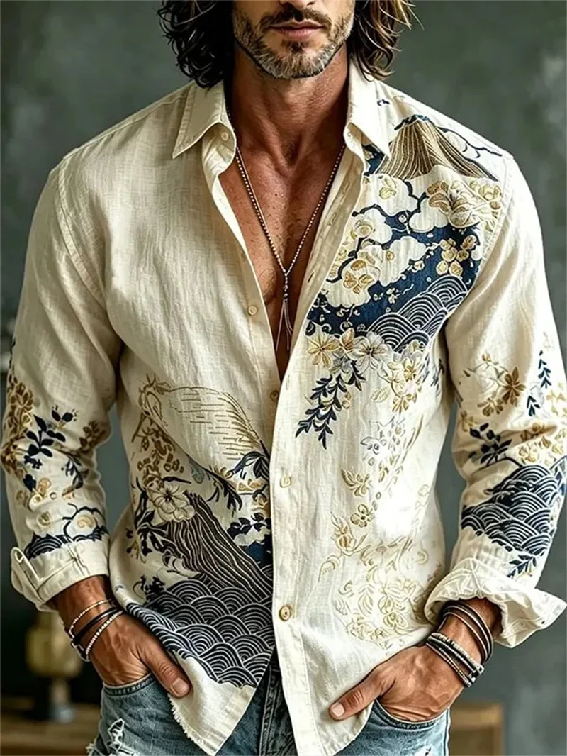 New Wave Cherry Blossom Printed Long Sleeve Shirt with Collar for Men's Artistic Vacation and Wind Top