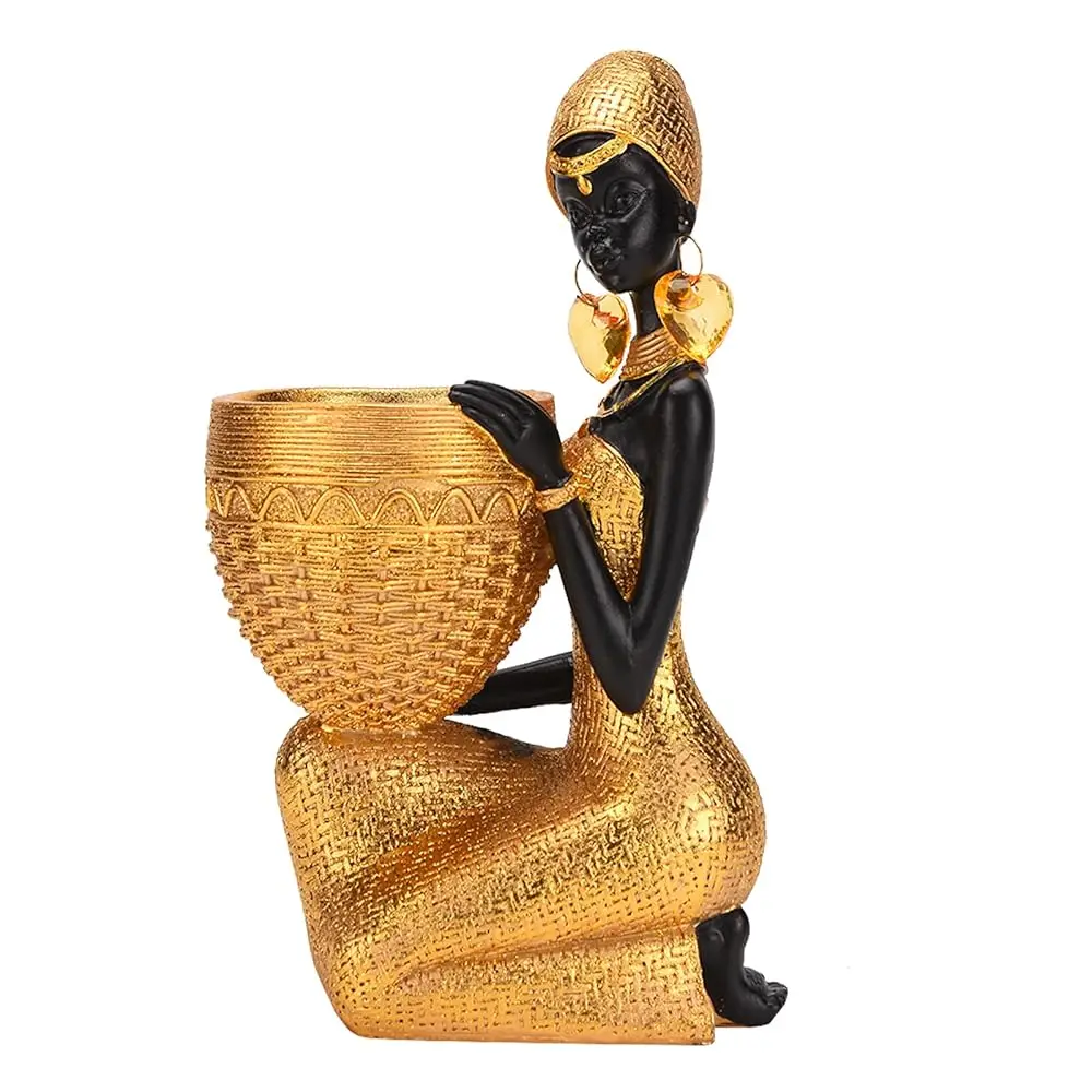 Free Shipping - African Statue Storage Tray Resin Art Figurine Black & Gold Tribal Lady Tray for Candy Jewelry Ring Phone, Home