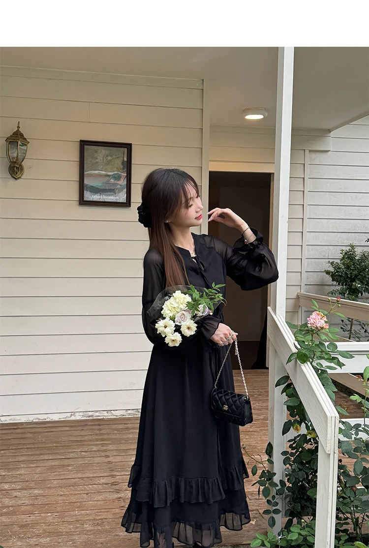 Vestidos de manga comprida vestido feminino para festa de casamento outono malhas smocked abotoado gola h-line estilo minimalista y2k