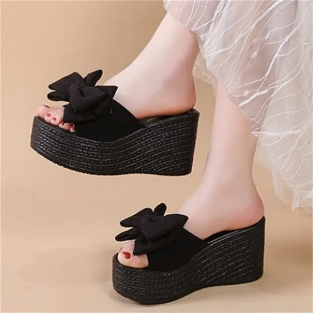 Women Wedge Slippers New Summer Beach Shoes Platform Appliques Butterfly-Knot Female High Heel Sandals Outdoor Clog Slides 34-43