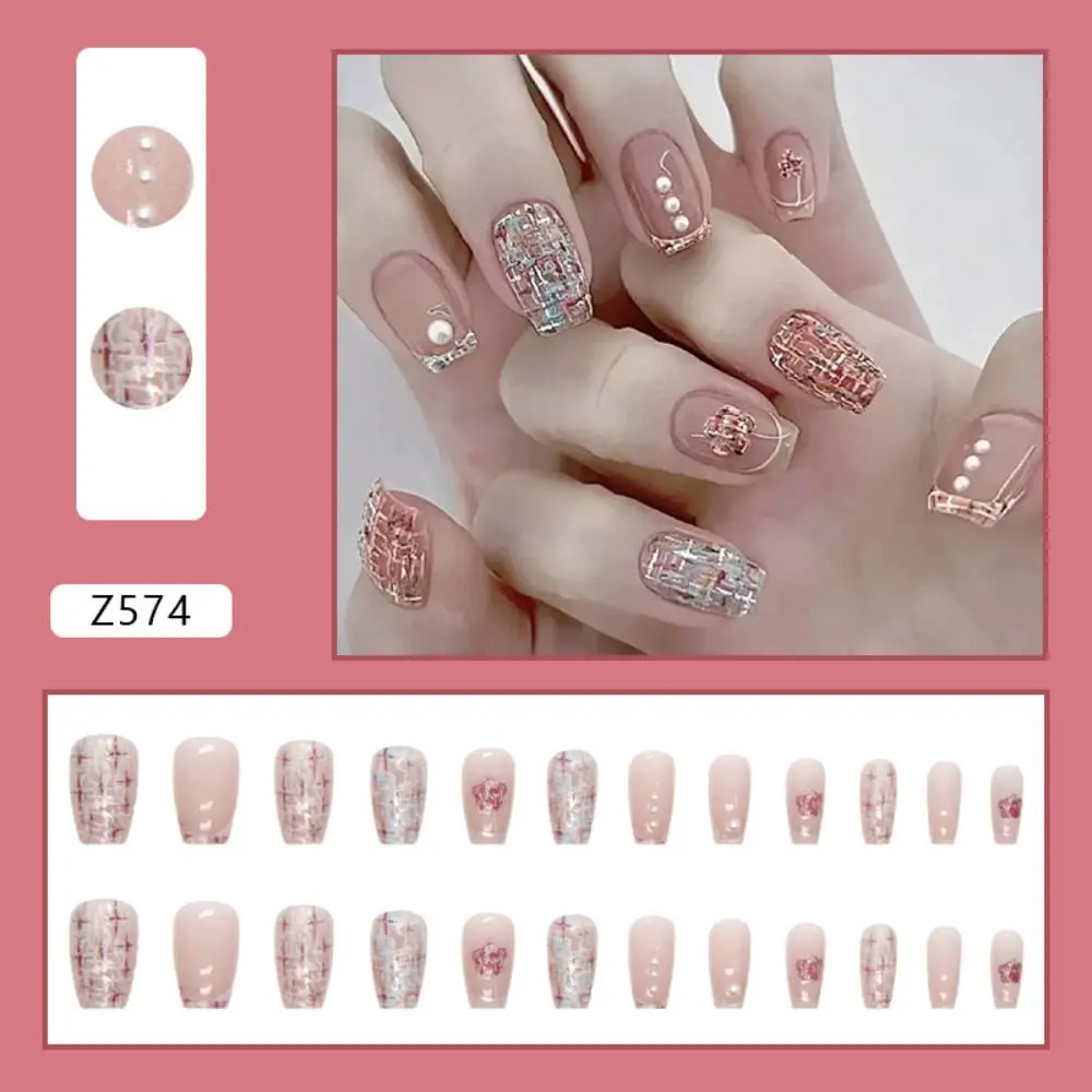 24pcs Detachable Press on Nails Rose Flower Ballerina Fake Nails French Red Edge Long French