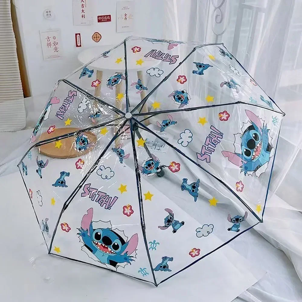 Kawaii Stitch Anime Folding Umbrellas Manual Automatic Umbrellas Portable Cartoon Transparent Umbrella Birthday Gifts For Kids