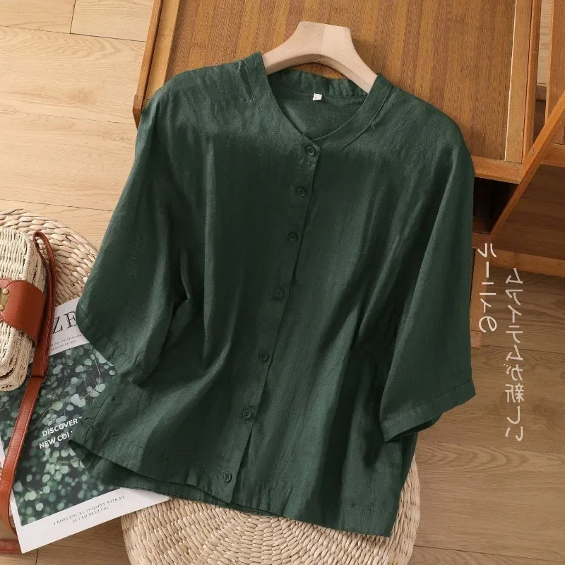 

Summer 2024 Women's Blouses O-Neck Vintage Patchwork Button Fashion Solid Color Elegant Loose Casual Short Sleeved Shirts Z260