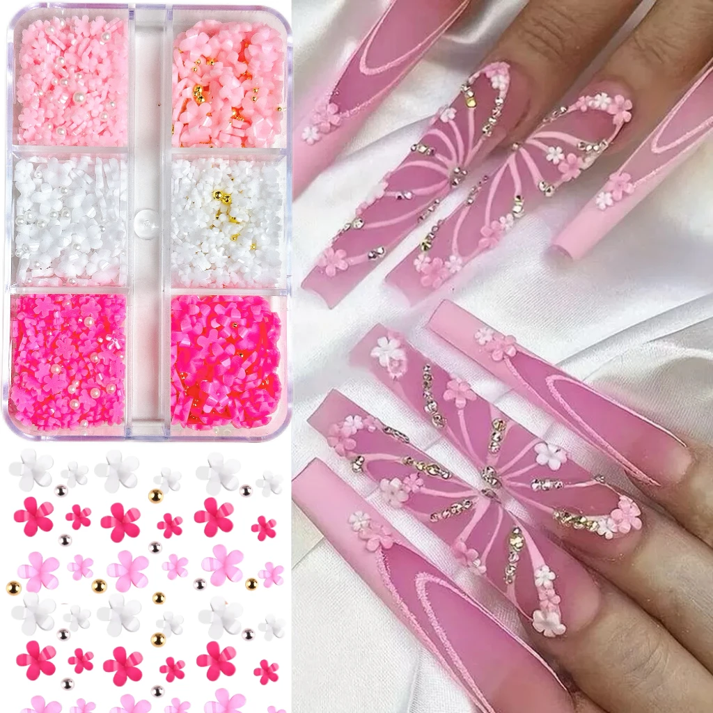 1Box Solid Color Minimalist Bow Flower Heart Resin Nail Art Decorations Mini Rhinestones Steel Balls Pearl Mixed Nail Charms DIY