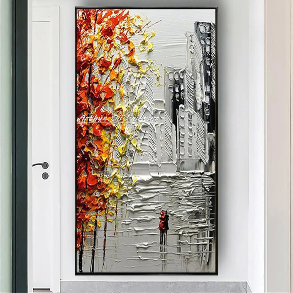 Arthyx Handmade Thick Texture Abstract City Landscape Oil Paintings On Canvas,Modern Wall Art,Picture For Living Room,Home Decor
