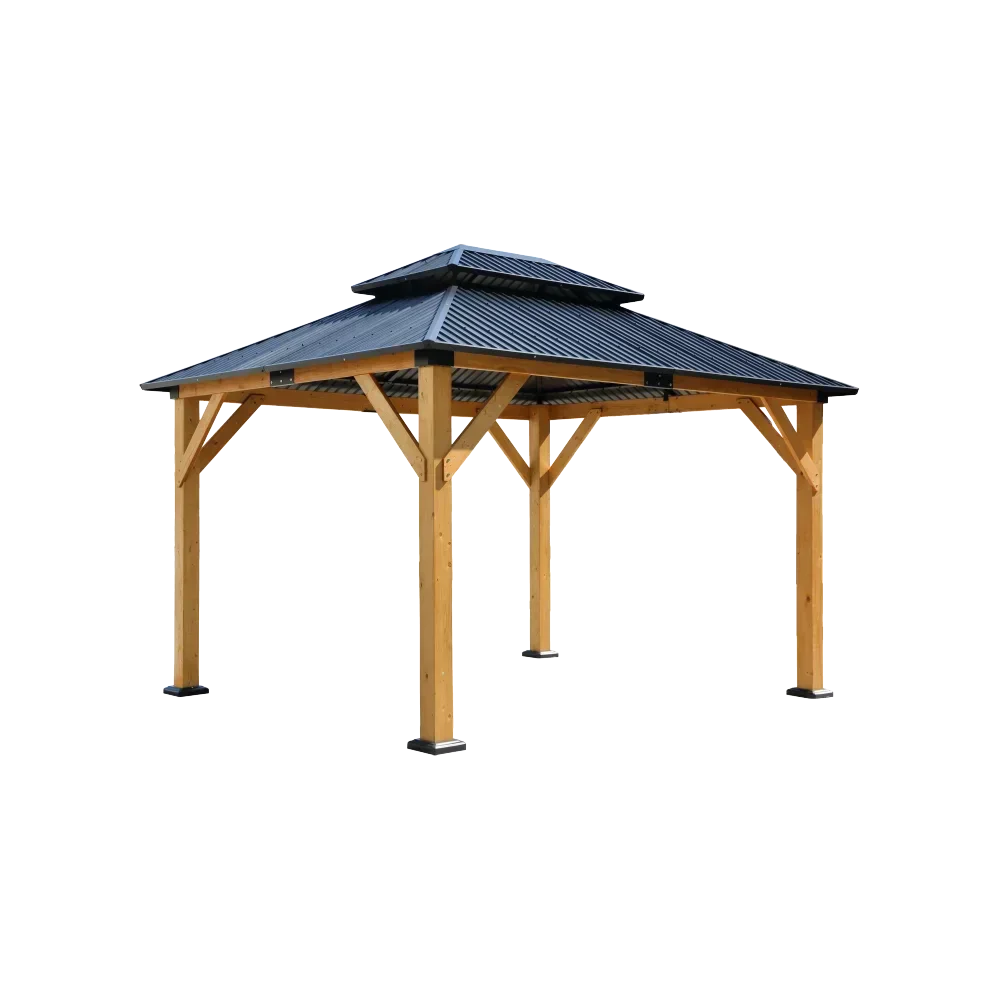 Fir Wood Carport Pavilion Gazebo, Wooden Coated steel Frame Canopy with Steel Double Roof, Outdoor Permanent Metal Pavilion