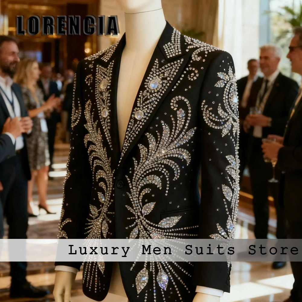 

Classic Jewelry Men Suits 2 Pieces Crystal Tuxedos Set Wedding Party Groom Outfits Customized Blazer Pants traje hombre moderno