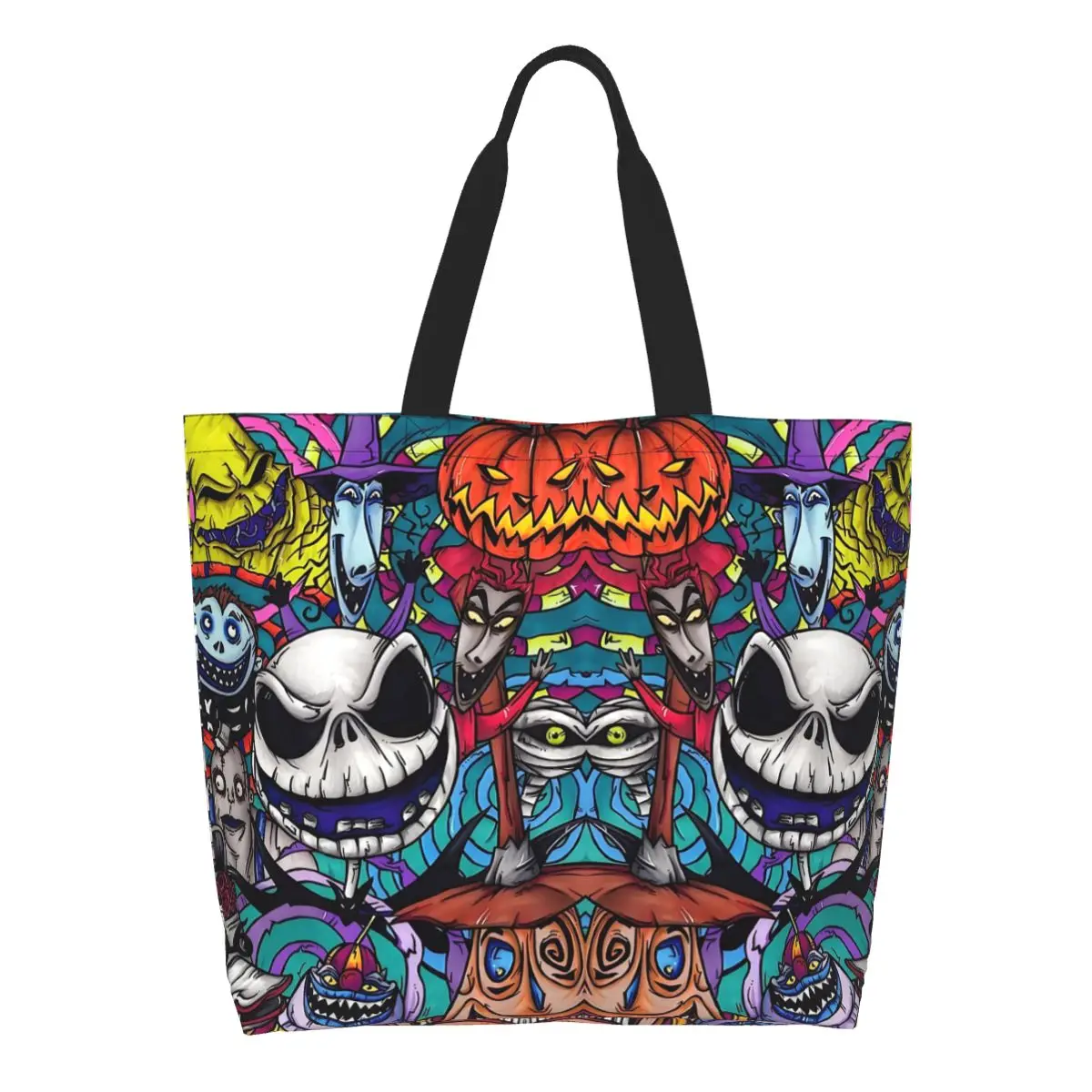 

Custom Reusable Jack Skellington Shopping Bag Women Canvas Shoulder Tote Bag Durable King of Halloween Town Grocery Shopper Bags