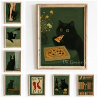 Whimsical Black Cat Eating Canvas Print Poster Vintage Funny Animal Art Prints Kitchen Living Room Wall Art Home Decor Poster