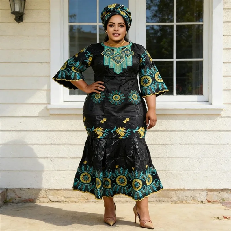 

African Dresses for Women Dashiki Ankara Traditional Clothing Luxury Embroidery Bazin Gown Abayas Robe Muslim Kaftan Maxi Dress
