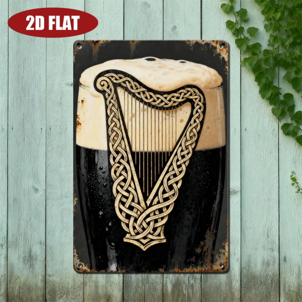 Vintage Aluminium Celtic Knot Harp Dark Beer Tin Sign, Foamy Stout Cup Wall Decor for Irish Bar & Home