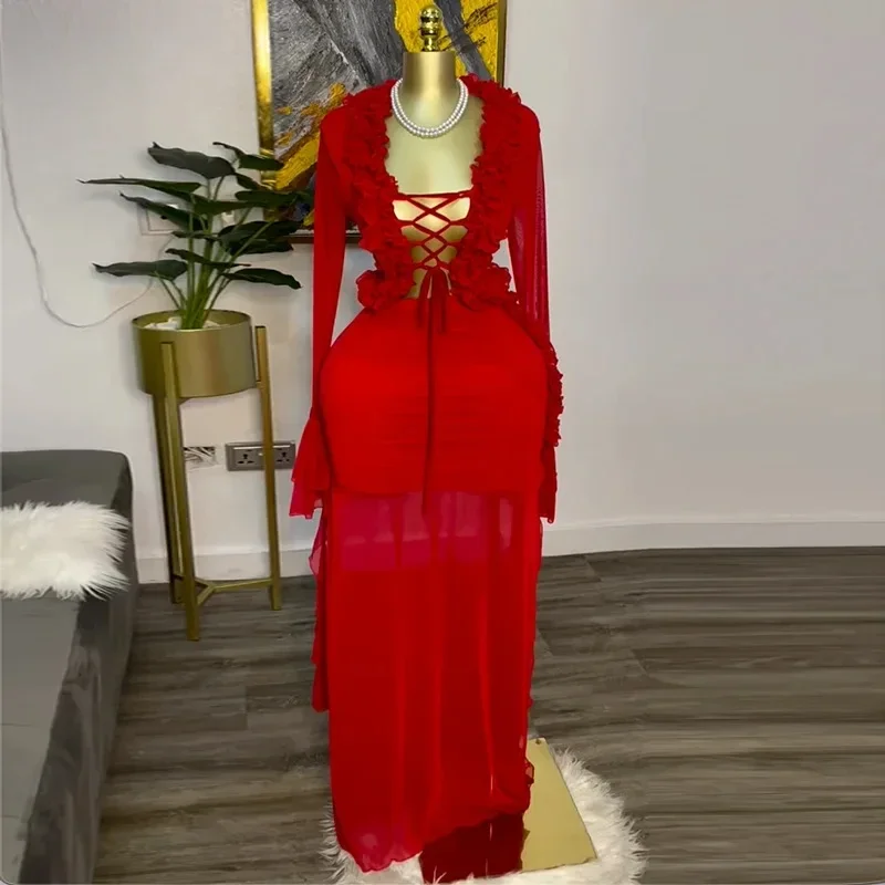 Fashion Women Set Mesh Full Sleeve Street Sweet Crop Tops Shirts + Long Skirts Suits  Ruffles Two 2 Piece Sets Dress