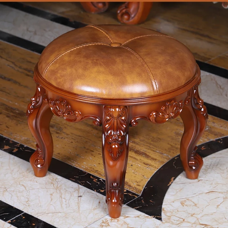 Luxury Leather Carved Stool Retro Low Seat with Cushioned Top Elegant Room Decor Footrest or Decorative Seating Vintage Footrest