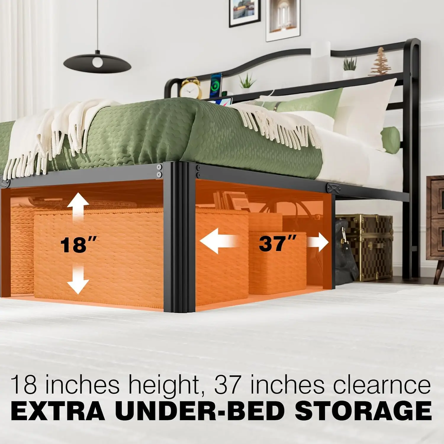 إطار سرير كوين أسود مع لوح رأسي بطول 45.72 سم، قاعدة سرير بمنصة معدنية شديدة التحمل، لا حاجة إلى صندوق زنبركي