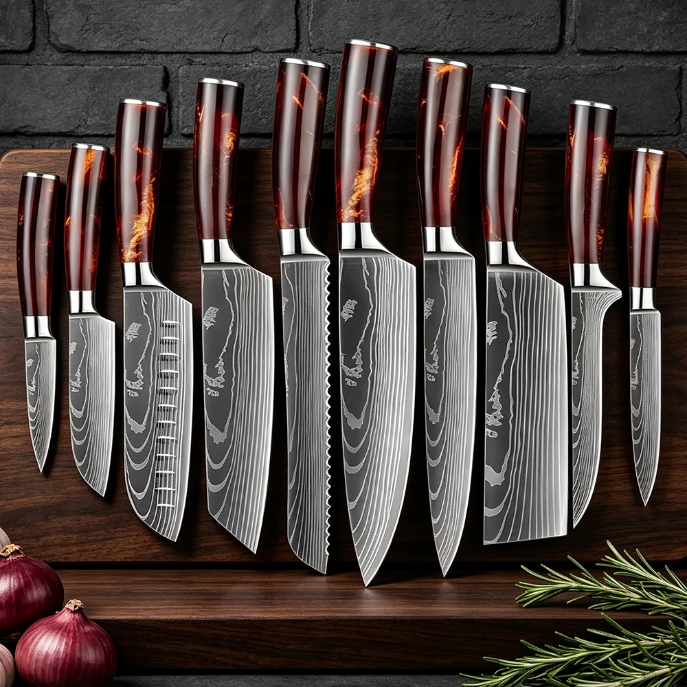 XITUO 1-10PC Stainless Steel Kitchen Knife Set Razor Sharp Chef Knife Japanese Santoku Knife Laser Damascus Pattern Resin Handle