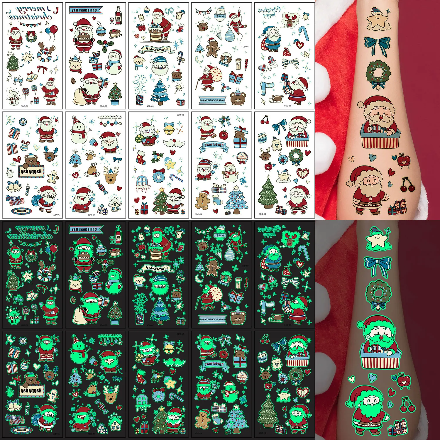 

10 Sheets 148 Cartoon Christmas Element Pattern Luminous Tattoo Stickers, Santa Claus Christmas Tree Christmas Snowman Snowflake Christmas Decoration Series Pattern Tattoo Stickers, Glow in the Dark Temporary Tattoos, Christmas Party Body Arm Makeup Water