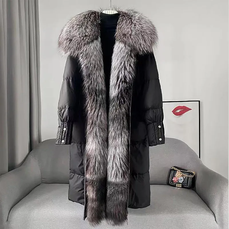 Natural Real Fox Fur Long Coat White Duck Down Jacket Winter Women Warm Loose Coat Thick Luxury Outerwear Streetwear Jacket