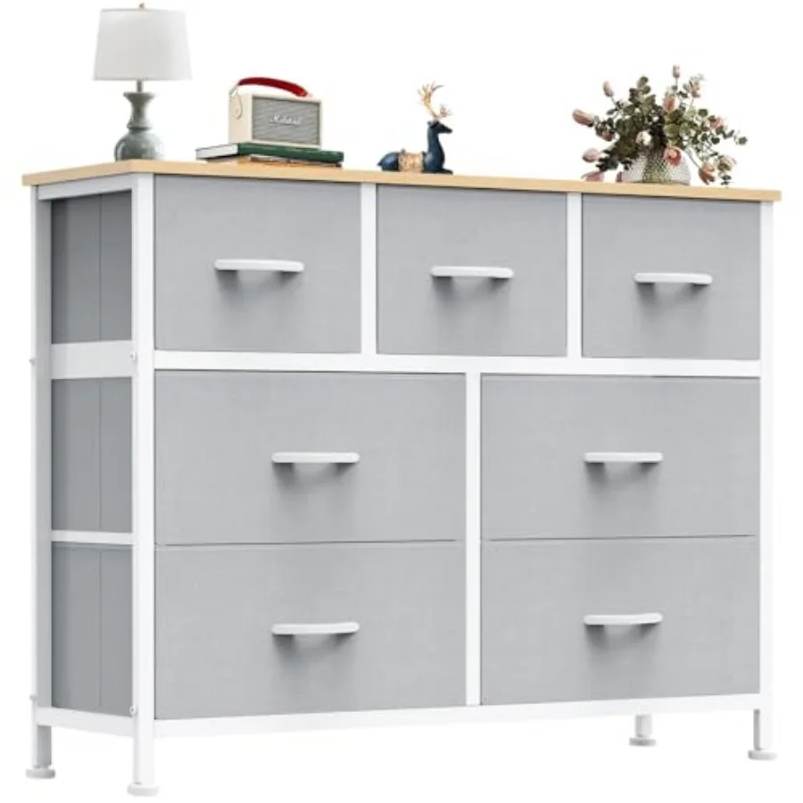 

7 Drawers Dresser for Bedroom Fabric Storage Tower for Living Room Entryway - Sturdy Steel Frame Wooden Top and Easy Pull Fabri