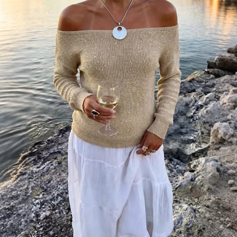 Womens Boat Neck Glitter Sequin Knitted Jumper Long Sleeve Off‑Shoulder Elegant Casual Sweater