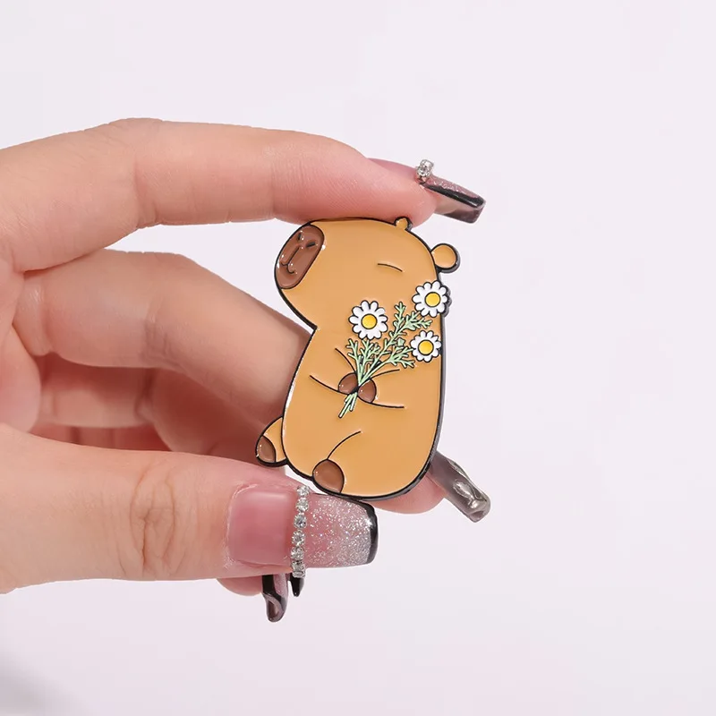 Cute Animal Enamel Pins A cute brooch of two Capybaras holding potted plants and flowers Backpack Accessories Metal Badge Gift