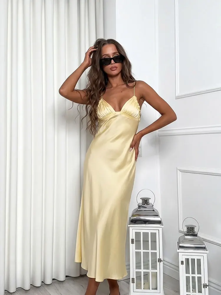 HH Damen Mode Rückenfreies Ärmelloses Sexy Kleid Sommer V-Ausschnitt Einfarbiges Satin-Spaghettiträger-Kleid Elegantes Abend-Partykleid