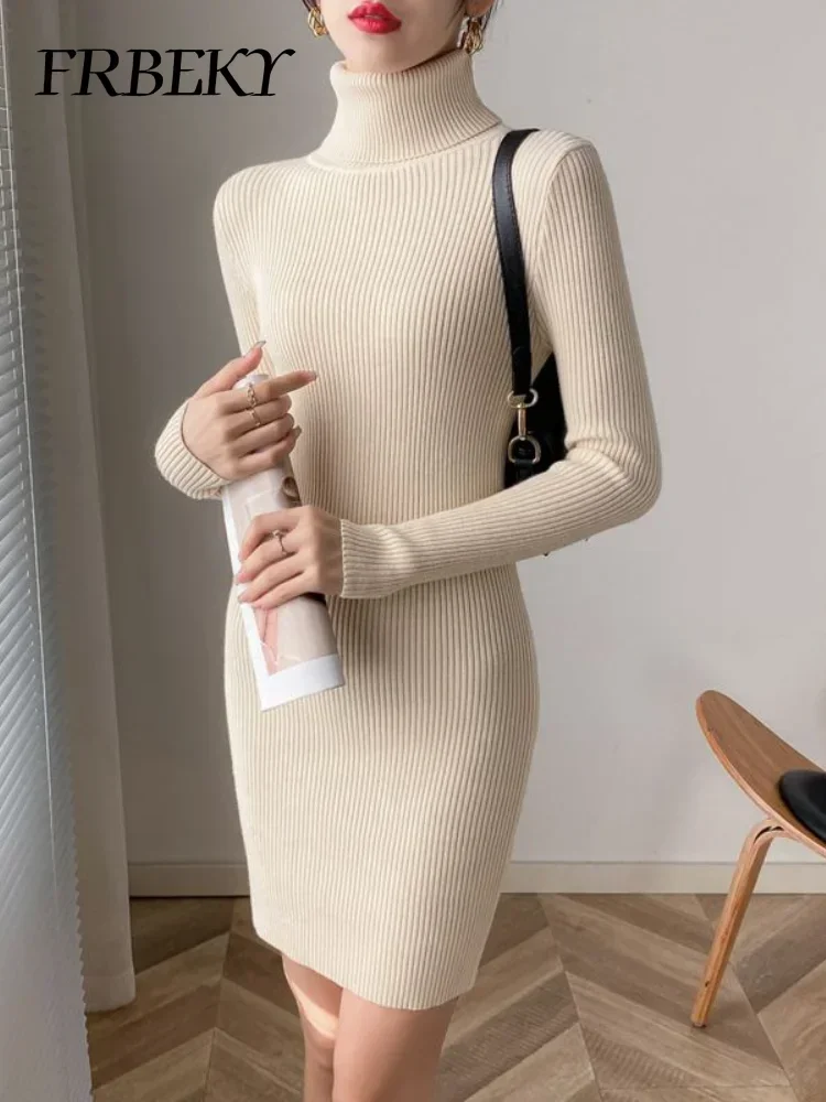 Herbst Neue Koreanische Rollkragen Gestrickte Kleid Reine Farbe Bodycon Pullover Kleid Büro Dame Pullover Lässig Elegante Strickwaren Jumper