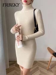 Autumn New Korean Turtleneck Knitted Dress Pure Color Bodycon Sweater Dress Office Lady Pullover Casual Elegant Knitwear Jumper