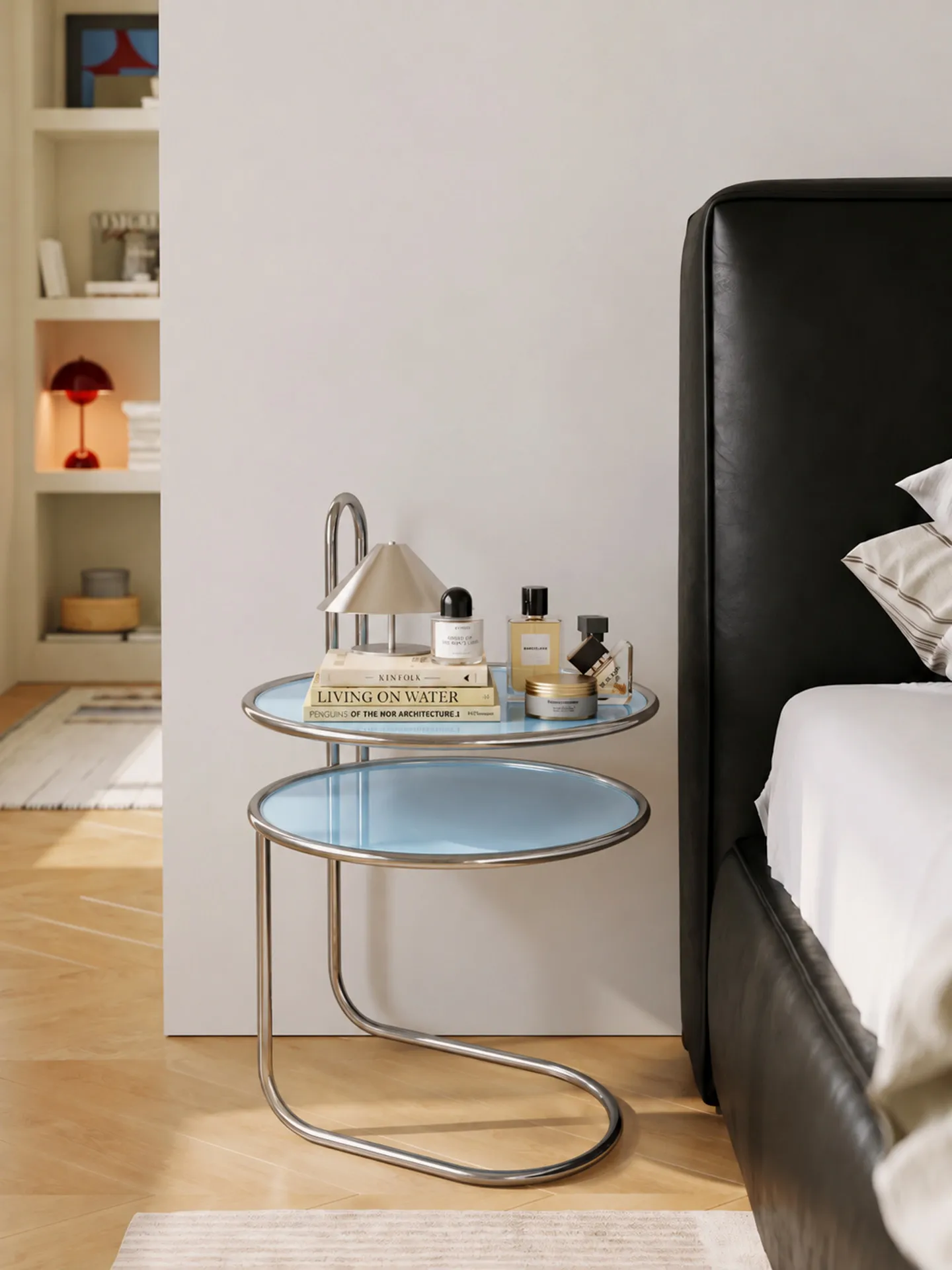 Floating medieval Bauhaus style stainless steel round edge rack retro stainless steel edge bedside table