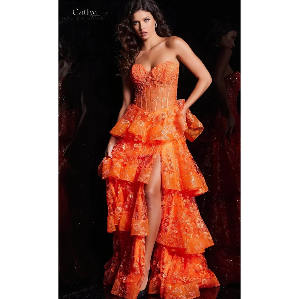 

Роскошное блестящее платье для выпускного вечера без бретелек Cathy по индивидуальному заказу, многоуровневое вечернее платье с разрезом по бокам, Vestidos de Noiva, вечернее платье со шлейфом