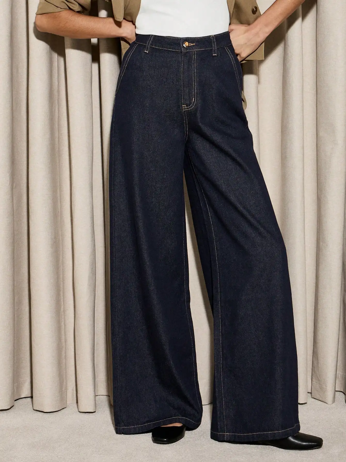 

Винтажные темно-синие широкие джинсы 2025, новый стиль, весенне-осенний сезон, с высокой талией, для похудения, свободные прямые джинсы в пол