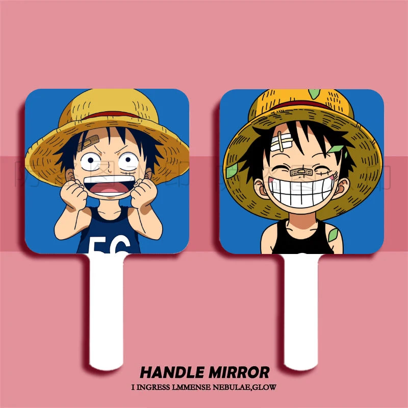 Espejo de maquillaje portátil con mango de Luffy, accesorio de Anime de una pieza, se coloca en la bolsa, portátil, para uso en dormitorio