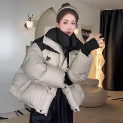 Women's Casual Thick Puffer Jacket, Short Winter Coat, Warm Loose Parka, Stand-up Collar, Fashion Down Coat, Patchwork