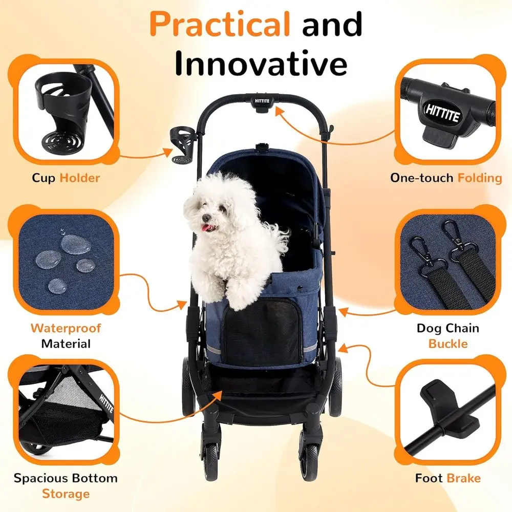 Carrinho com capa à prova de intempéries, carrinho todo-o-terreno de 4 rodas para cães e gatos com dossel ajustável, carrinhos dobráveis para cães com sto