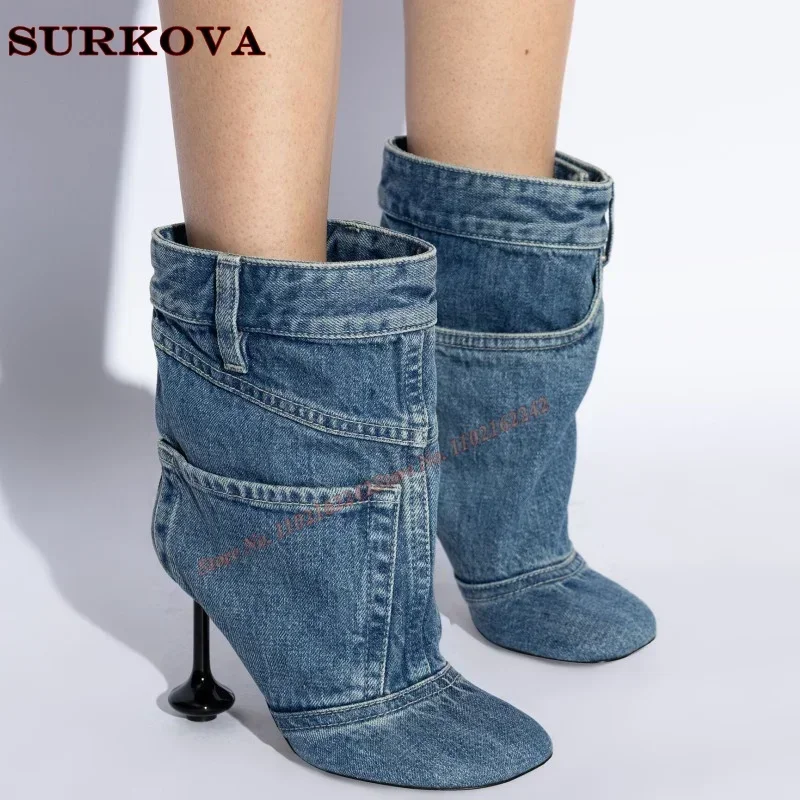 

Blue Stitching Catwalk Boots Square Head Special Heel Buckled-Straps Fashion Boots Winter New 2024 Luxury Short Boots Women 44