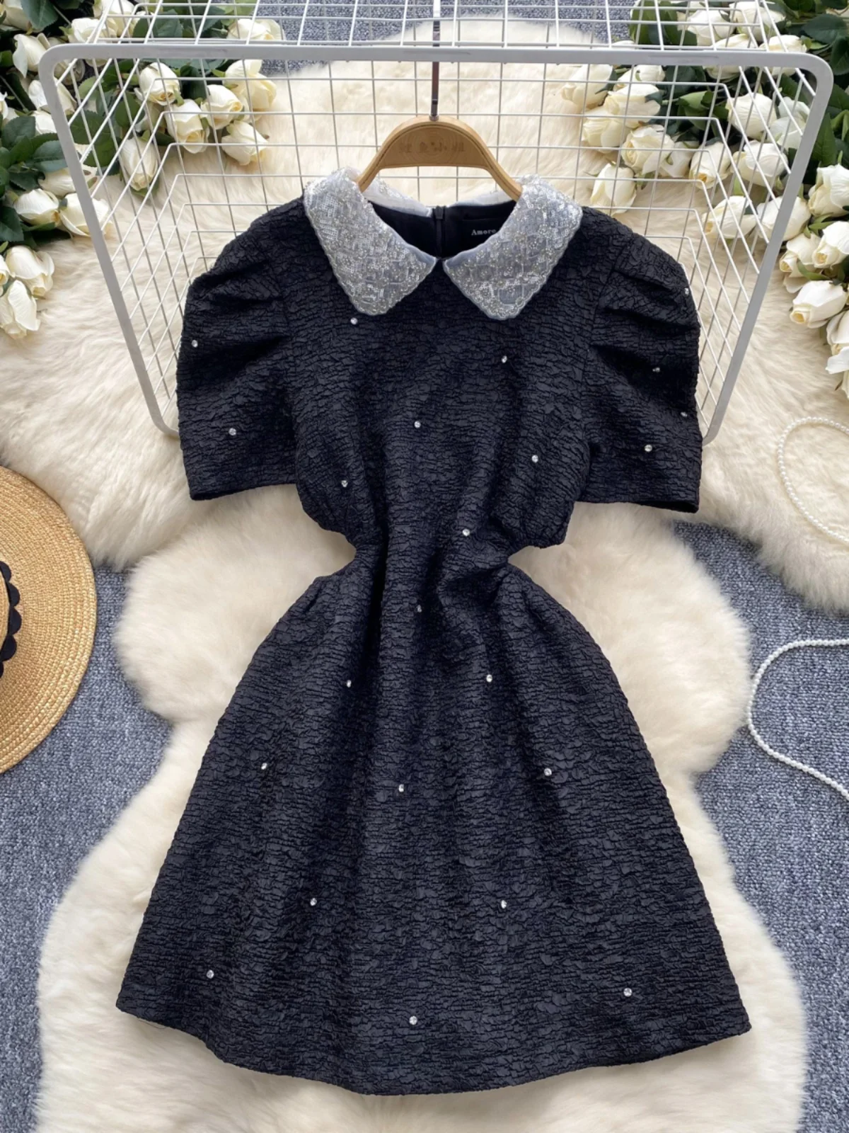 Ofallsis Sparkling Embroidered Doll Neck Puff Sleeves Dress 2024 Summer Women's French High End Off Waist Jacquard Short Dresses