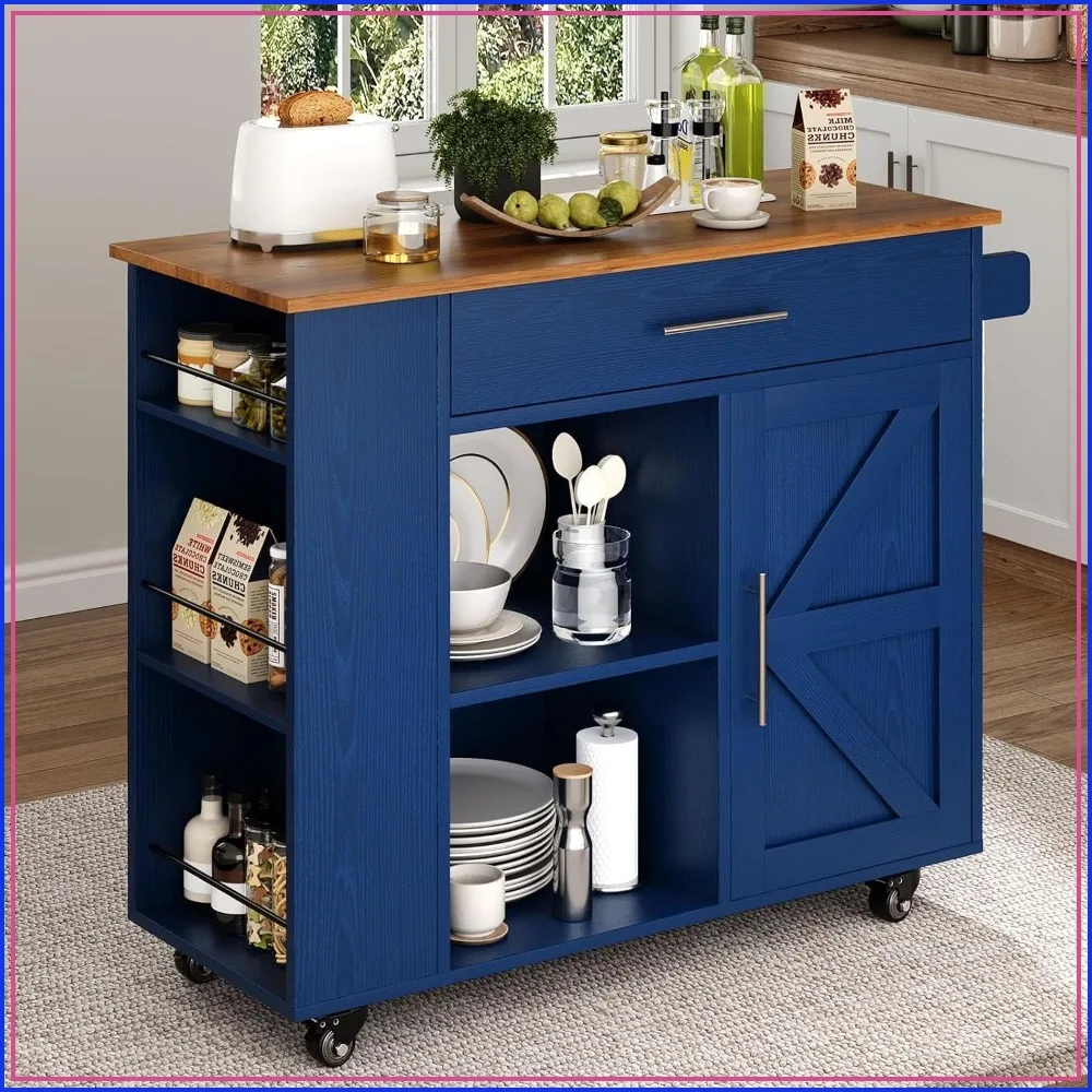 Blue Rolling Kitchen Island with Storage, 39