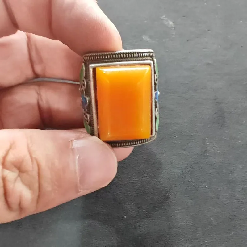 Unisex Vintage Orange Cabochon Ring Colorful Enamel Flower Leaf Inlay Metal Boho Antique Statement Finger Decor Ornament 4