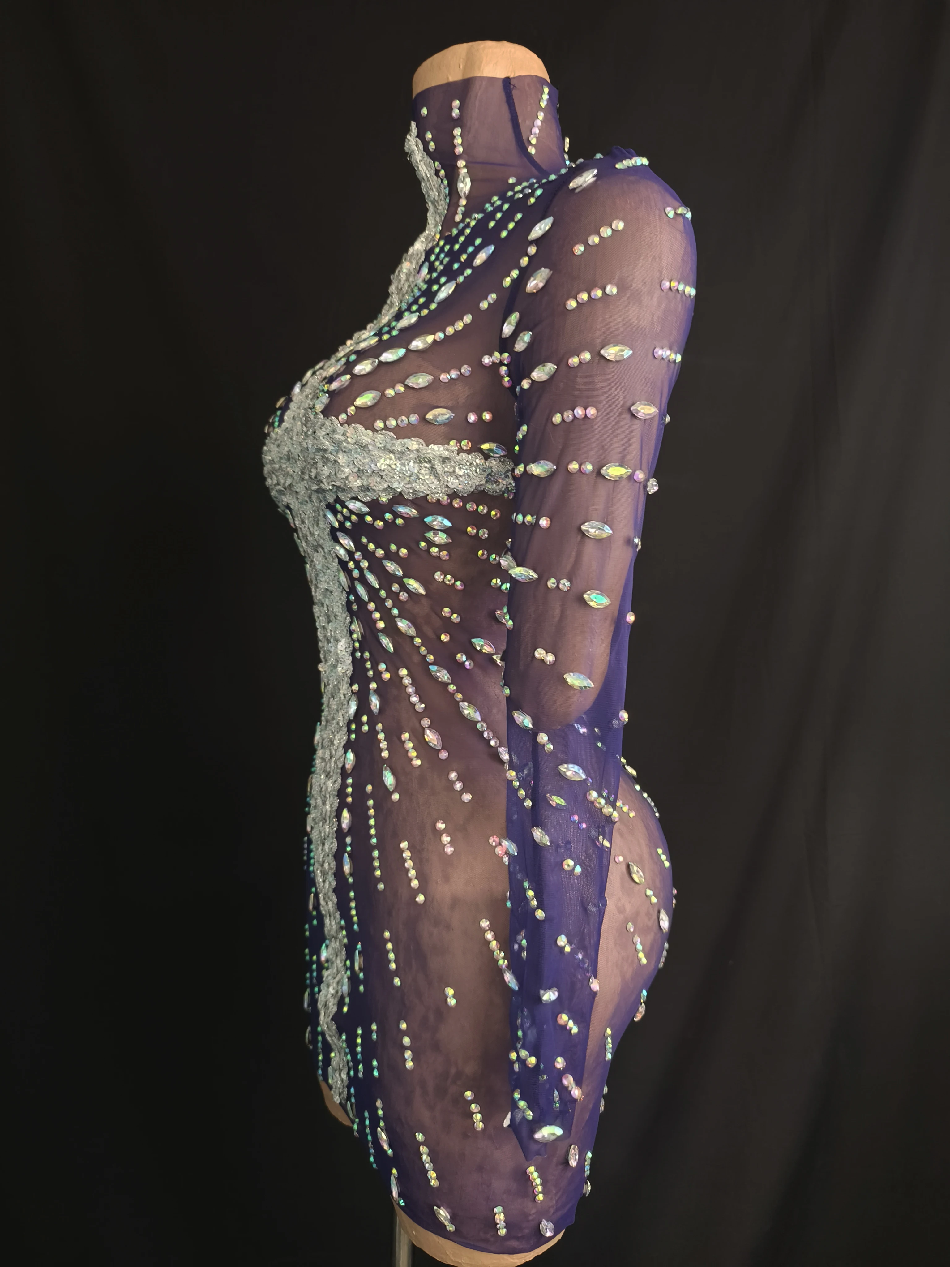 豪華なラインストーンスターライトパターンデザインディープブルーシースルーシアードレスファッション女性パーティードレスパフォーマンスコスチューム